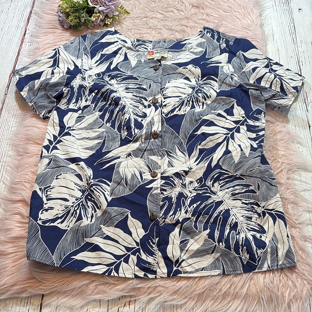 Hilo Hattie The Hawaiian Original Blue White Floral Button Down sz M
